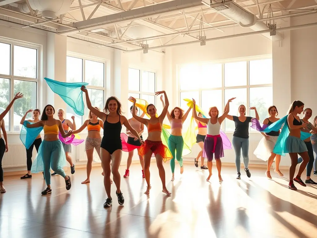 A heartwarming image of participants of different ages laughing together during a COMPAGNIE INVENT'AIR dance class, emphasizing the social connection and joy of movement.