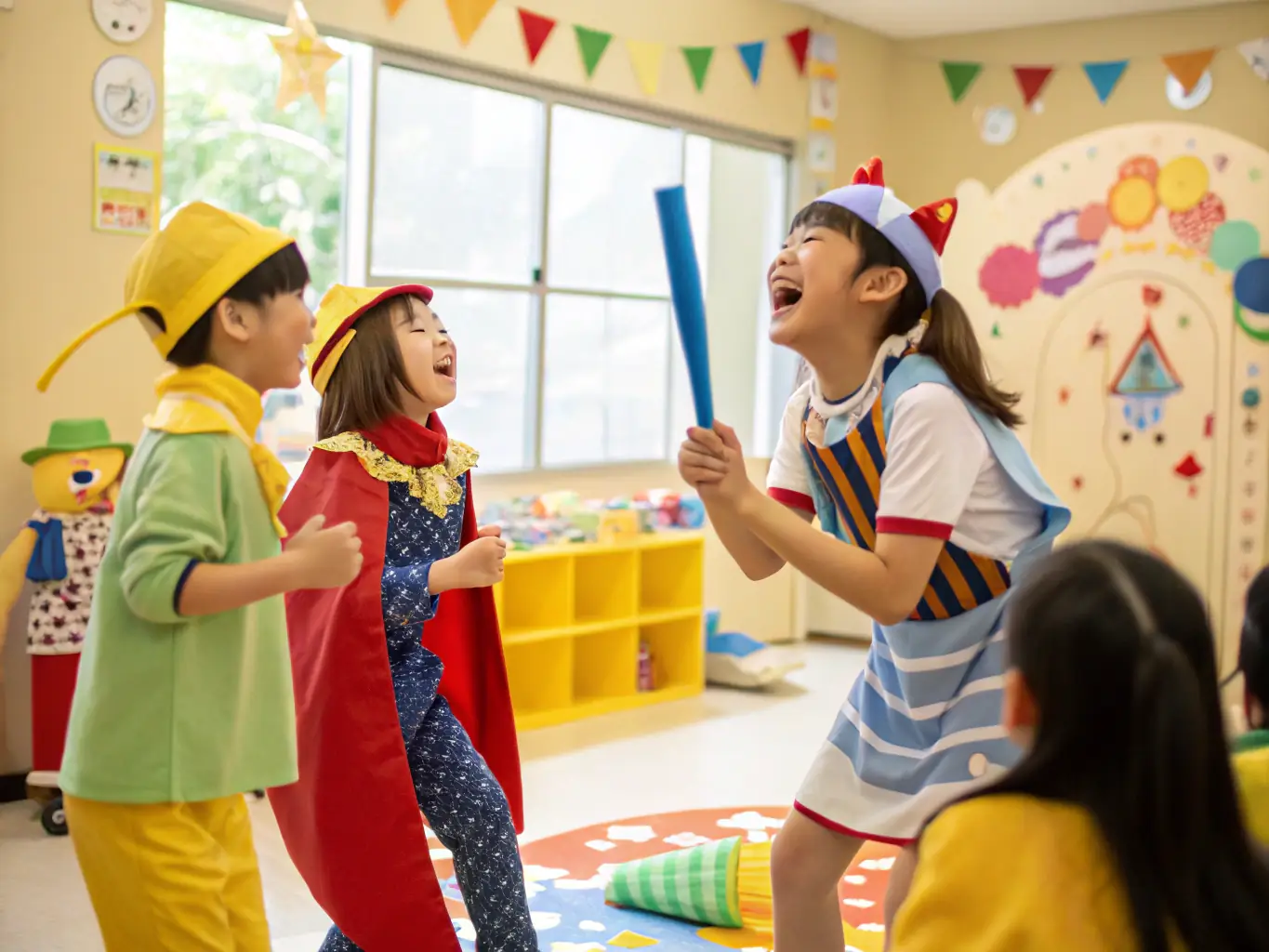 An image of children participating in a vibrant theatre workshop, with colorful costumes and props scattered around, showcasing the joy and creativity of the session.