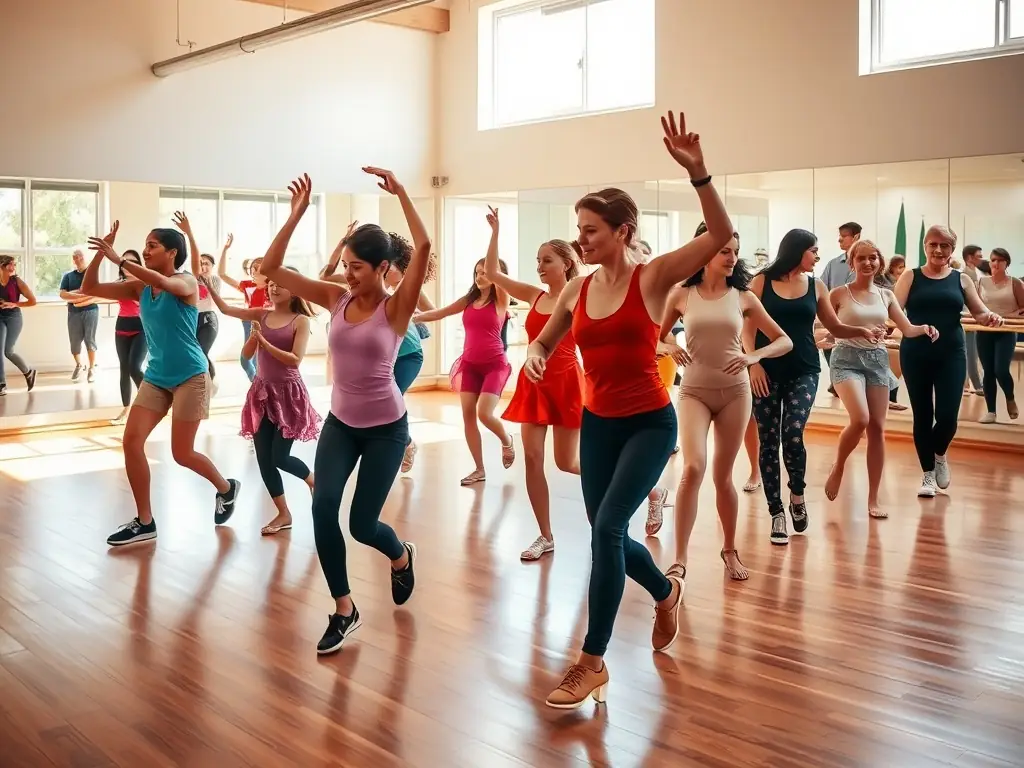 A photograph capturing a dance workshop in progress, featuring participants of various ages moving gracefully to the music, guided by an experienced instructor.