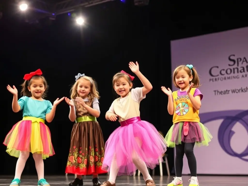 A vibrant image of children participating in a theatre workshop, expressing emotions through acting, with a focus on teamwork and creative storytelling.