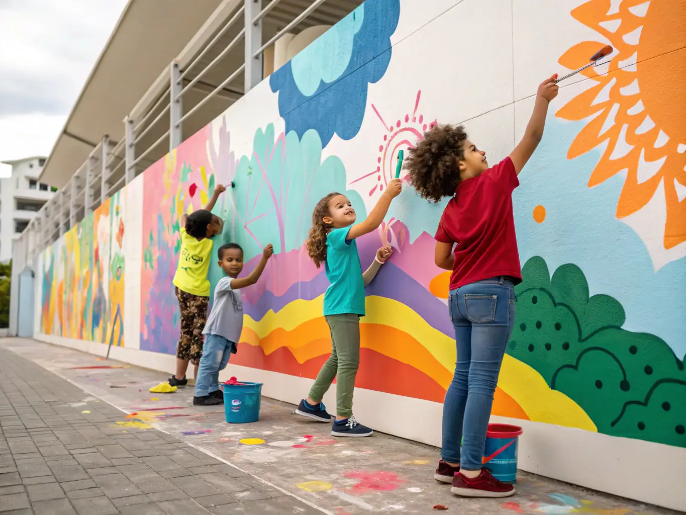 A vibrant photograph capturing children and adults collaborating on a large-scale mural during a COMPAGNIE INVENT'AIR workshop, showcasing teamwork and artistic expression.