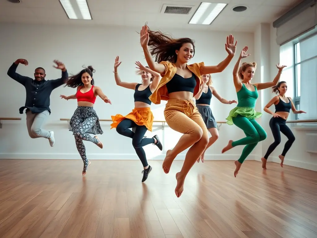 A dynamic image of dancers in motion during a contemporary dance class, highlighting the fluidity and emotional depth of the performance.