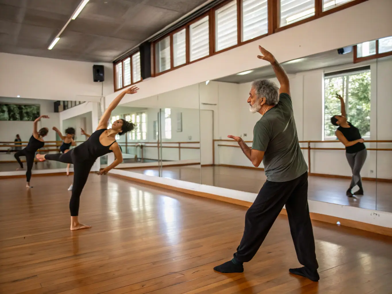 A dynamic image of dancers in motion during a contemporary dance class, highlighting the energy and fluidity of the movements.