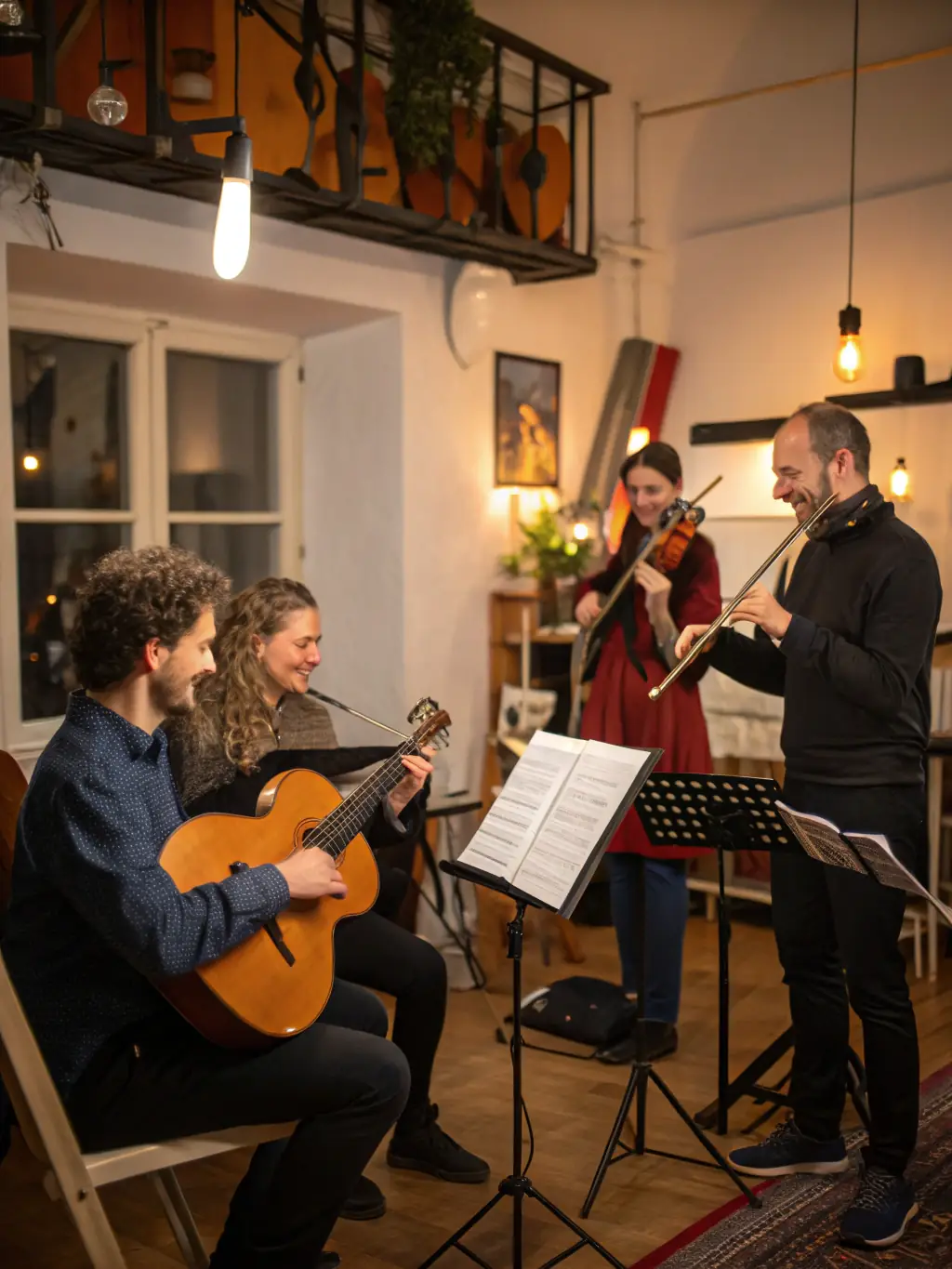 A close-up shot of musicians playing various instruments during a music workshop, highlighting collaboration and harmony, with sheet music and instruments in focus.
