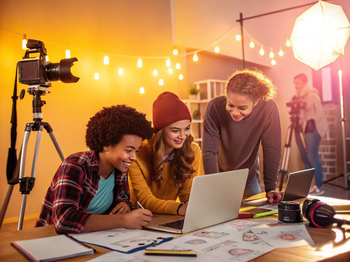 A dynamic image of participants creating digital art during an audiovisual workshop, showcasing the use of technology in artistic expression and collaboration.